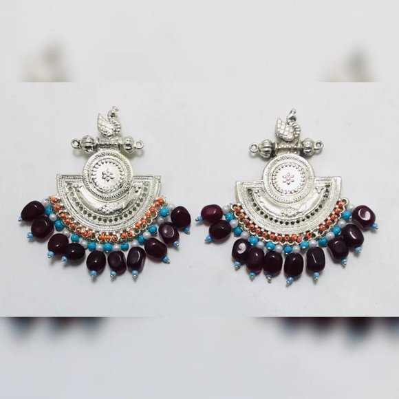 Silver Kuchi Earrings With Multicolor Beads and Stones,Tribal Boho - Picture 1 of 8